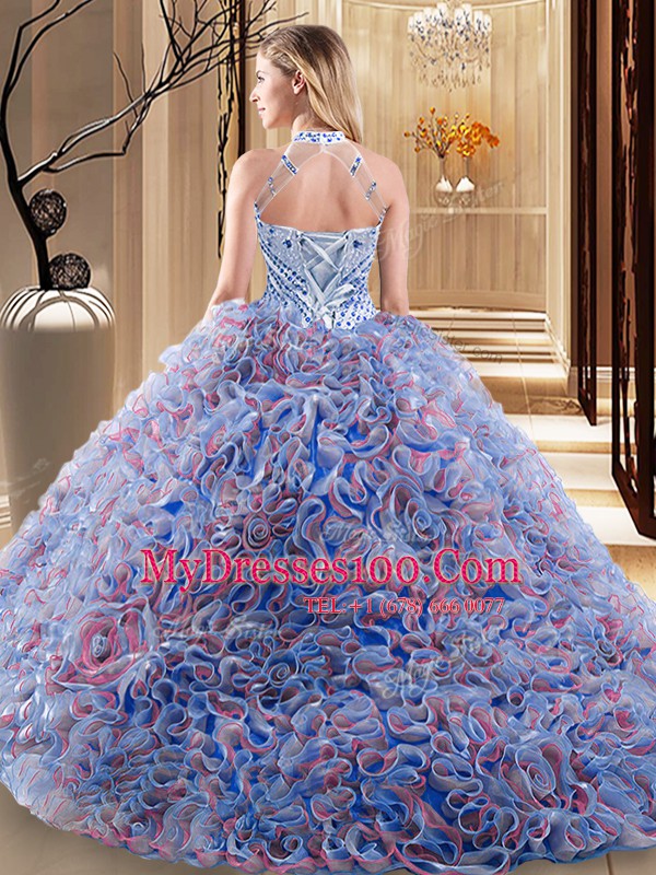 Extravagant Halter Top Sleeveless Fabric With Rolling Flowers With Brush Train Lace Up Quinceanera Gowns in Multi-color with Beading