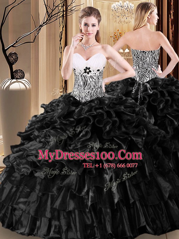 Black Organza Lace Up Sweetheart Sleeveless Floor Length Sweet 16 Dresses Ruffles and Pattern