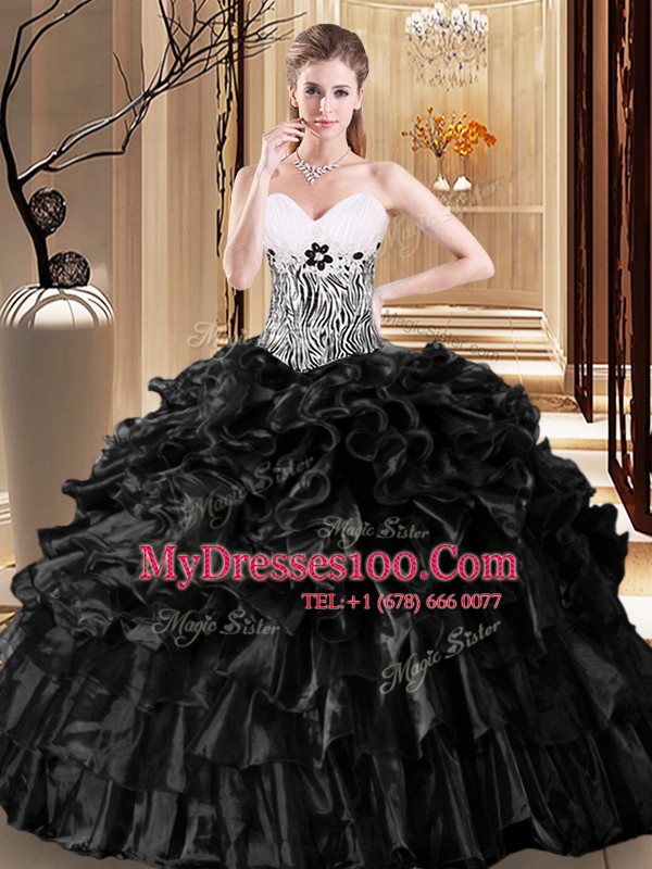Black Organza Lace Up Sweetheart Sleeveless Floor Length Sweet 16 Dresses Ruffles and Pattern