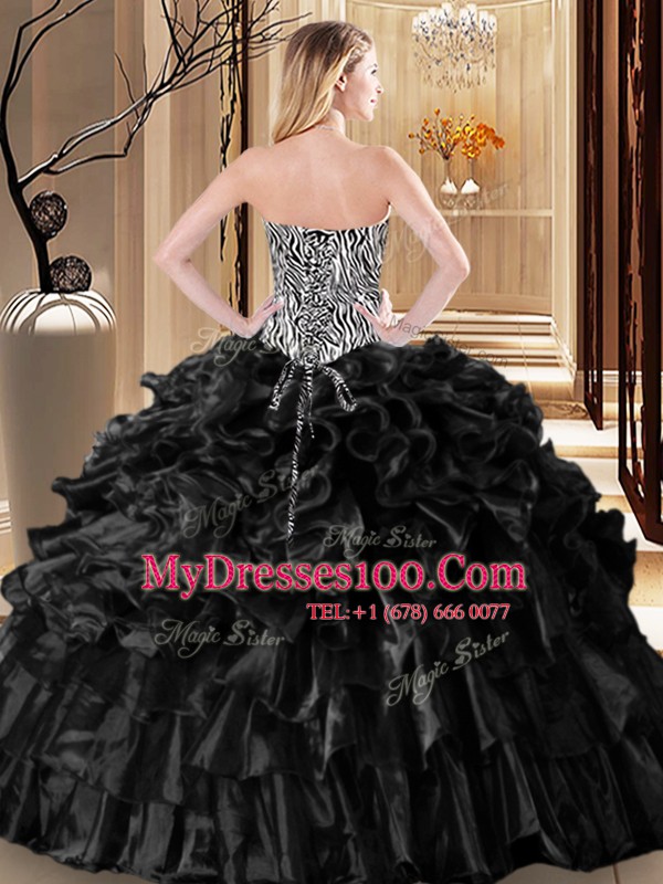 Black Organza Lace Up Sweetheart Sleeveless Floor Length Sweet 16 Dresses Ruffles and Pattern