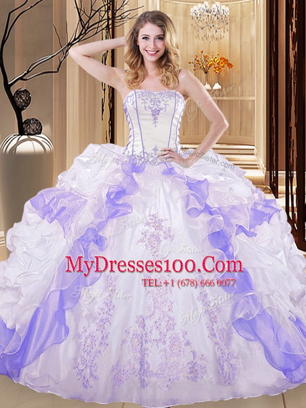 Affordable Strapless Sleeveless Vestidos de Quinceanera Floor Length Embroidery and Ruffled Layers White And Purple Organza