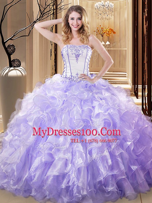 Lavender Lace Up Strapless Embroidery and Ruffles Quinceanera Gown Organza Sleeveless