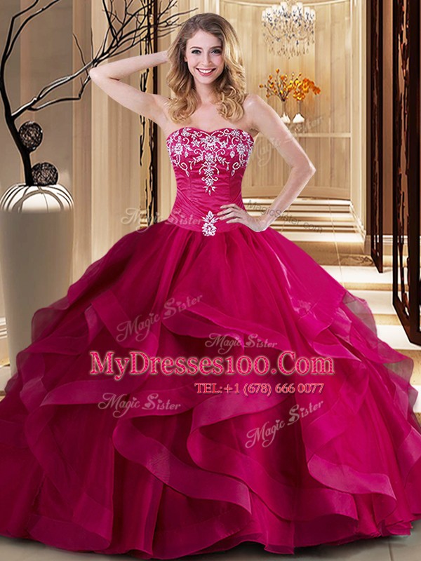 Sweetheart Sleeveless Vestidos de Quinceanera Floor Length Embroidery and Ruffles Coral Red Tulle