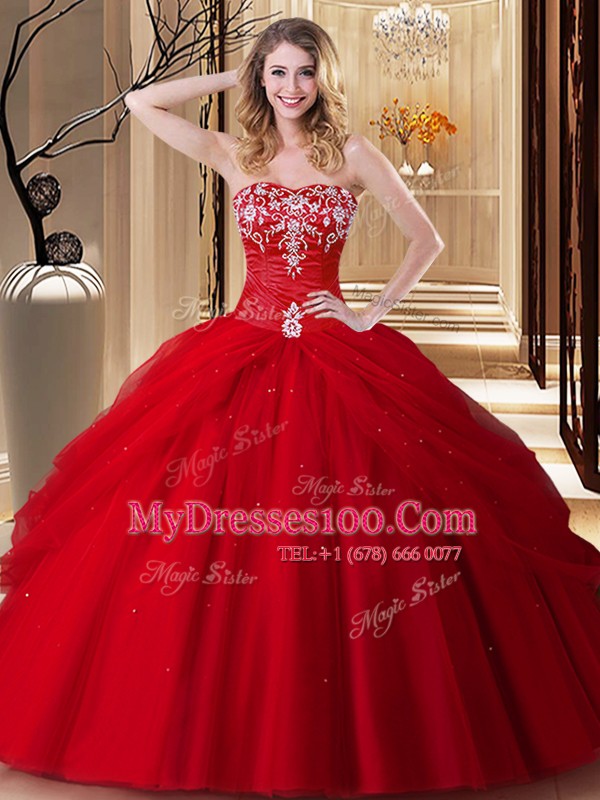 Sweet Sweetheart Sleeveless Lace Up Quinceanera Gowns Red Tulle