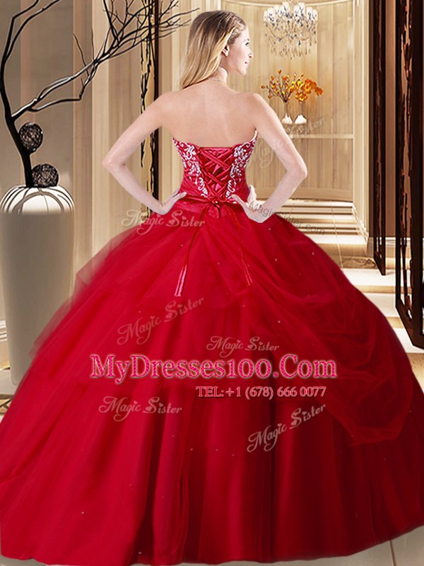 Sweet Sweetheart Sleeveless Lace Up Quinceanera Gowns Red Tulle