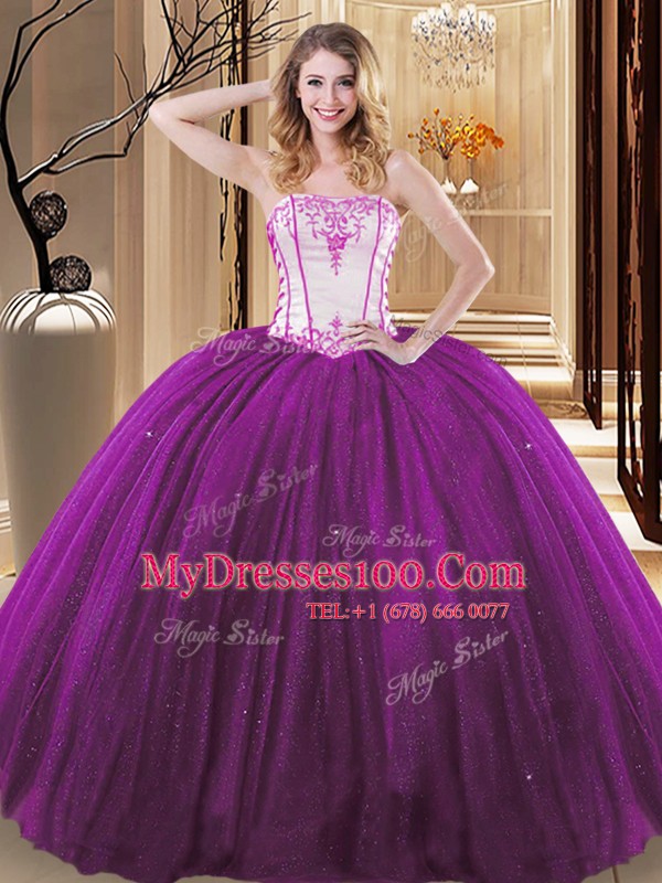 Strapless Sleeveless Ball Gown Prom Dress Floor Length Embroidery White And Purple Tulle and Sequined