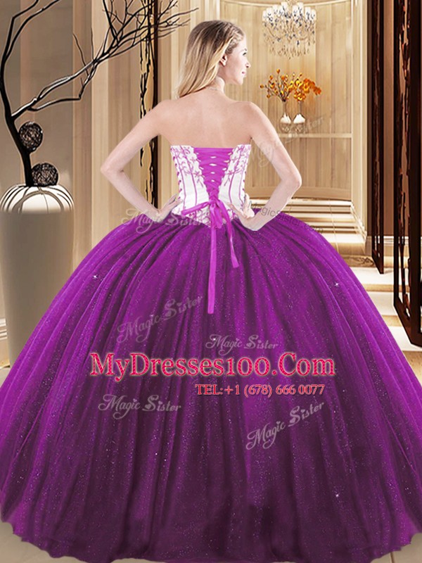 Strapless Sleeveless Ball Gown Prom Dress Floor Length Embroidery White And Purple Tulle and Sequined