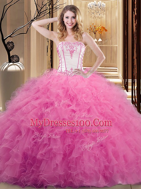 Dazzling Embroidery Quinceanera Gown Rose Pink Lace Up Sleeveless Floor Length