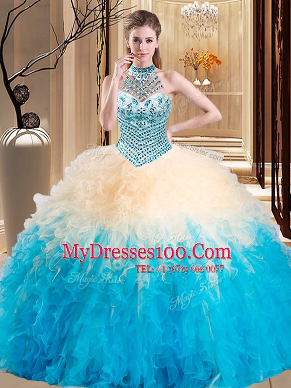Vintage Halter Top Floor Length Multi-color Quinceanera Dress Tulle Sleeveless Beading and Ruffles