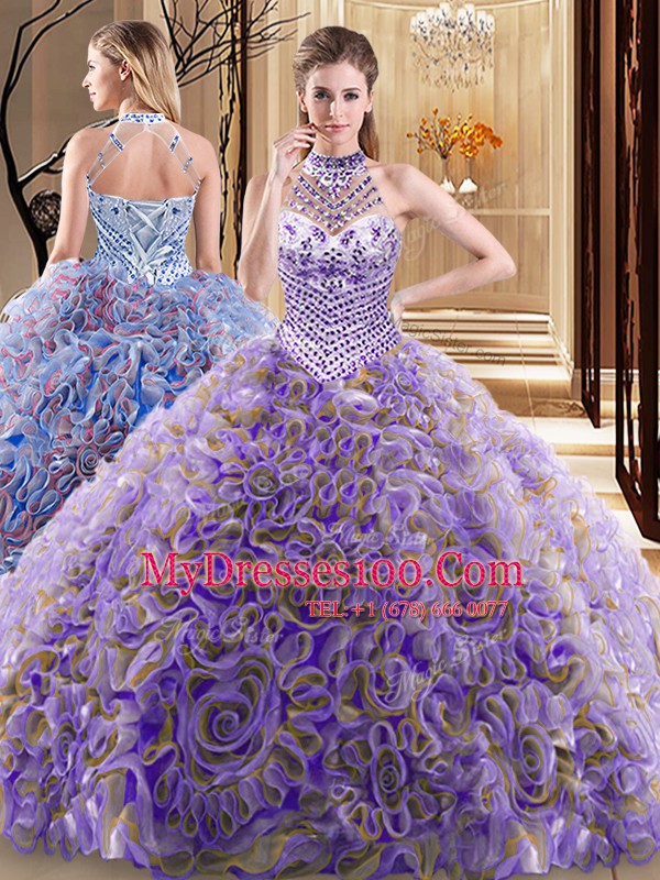 Cute Halter Top Beading Sweet 16 Quinceanera Dress Multi-color Lace Up Sleeveless With Brush Train
