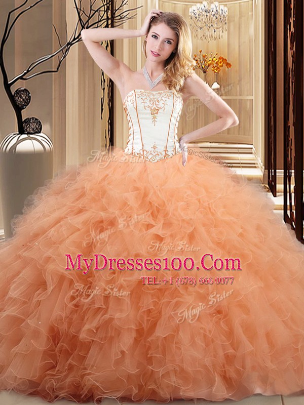 Inexpensive Strapless Sleeveless Organza Quince Ball Gowns Embroidery and Ruffled Layers Lace Up