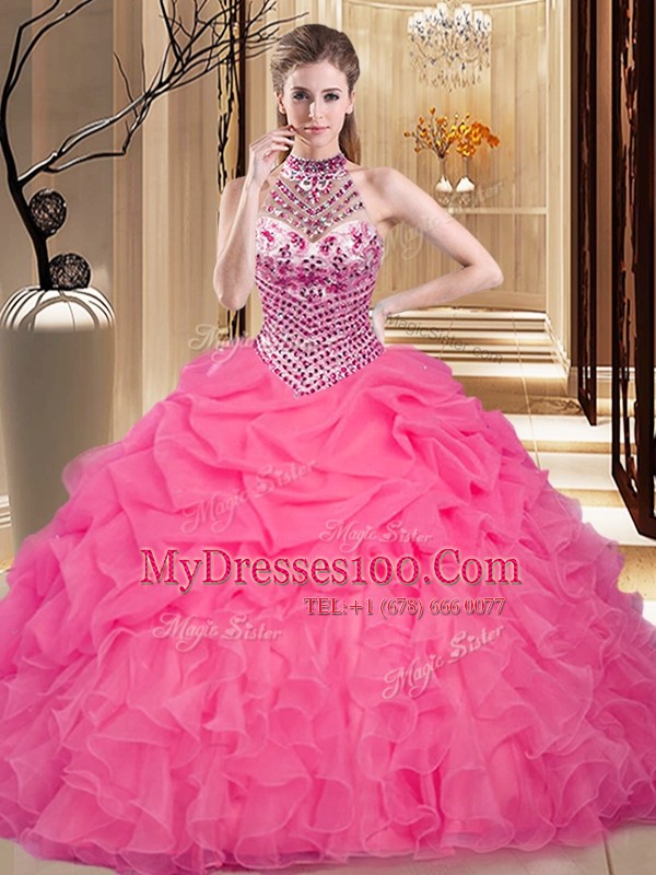 Hot Pink Lace Up Halter Top Beading and Ruffles and Pick Ups Sweet 16 Dress Organza Sleeveless