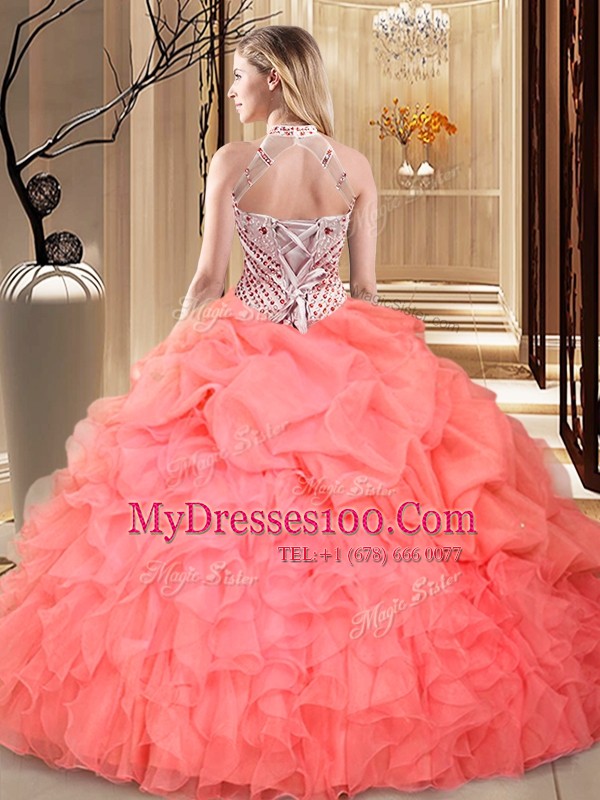 Hot Pink Lace Up Halter Top Beading and Ruffles and Pick Ups Sweet 16 Dress Organza Sleeveless