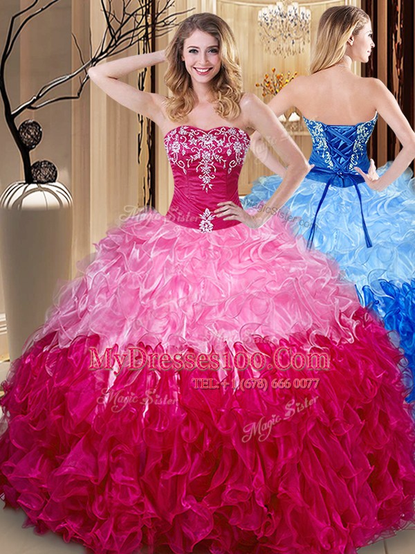 Multi-color Ball Gowns Embroidery and Ruffles Quinceanera Gowns Lace Up Organza Sleeveless Floor Length