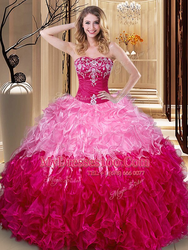 Multi-color Ball Gowns Embroidery and Ruffles Quinceanera Gowns Lace Up Organza Sleeveless Floor Length