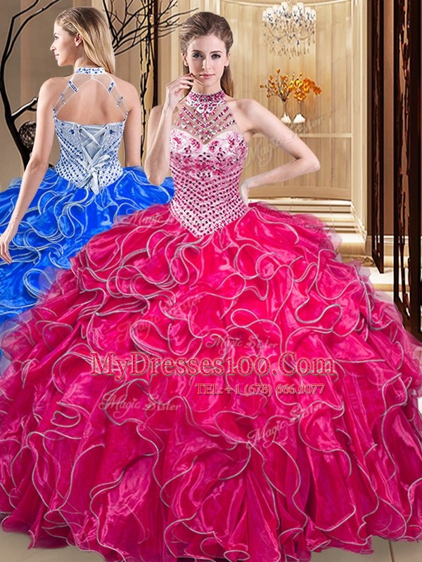 Halter Top Beading and Ruffles Quinceanera Gowns Hot Pink Lace Up Sleeveless Floor Length