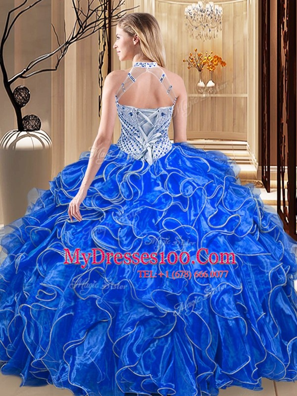 Halter Top Beading and Ruffles Quinceanera Gowns Hot Pink Lace Up Sleeveless Floor Length