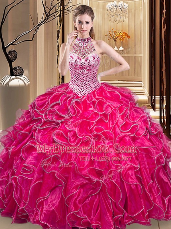 Halter Top Beading and Ruffles Quinceanera Gowns Hot Pink Lace Up Sleeveless Floor Length