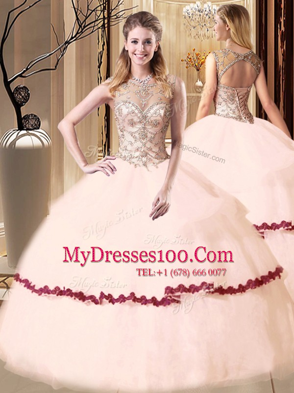 Floor Length Peach Quince Ball Gowns Scoop Sleeveless Lace Up