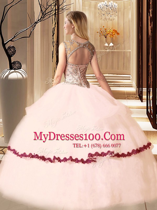 Floor Length Peach Quince Ball Gowns Scoop Sleeveless Lace Up