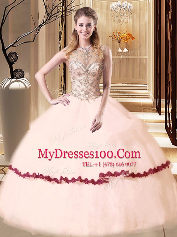 Floor Length Peach Quince Ball Gowns Scoop Sleeveless Lace Up