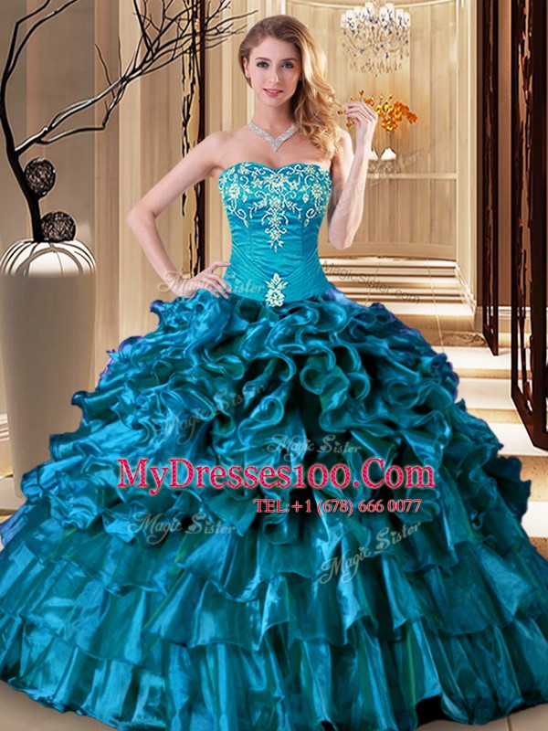 Sophisticated Teal Organza Lace Up 15 Quinceanera Dress Sleeveless Floor Length Embroidery and Ruffles
