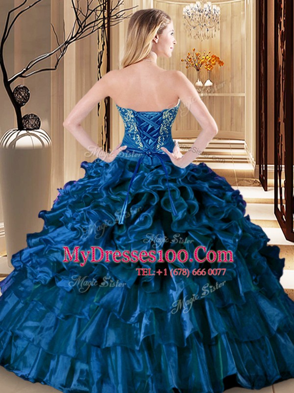 Sophisticated Teal Organza Lace Up 15 Quinceanera Dress Sleeveless Floor Length Embroidery and Ruffles