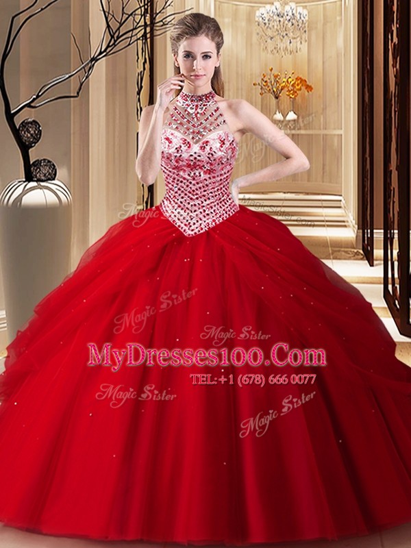 Pick Ups Brush Train Ball Gowns Quinceanera Gowns Red Halter Top Tulle Sleeveless With Train Lace Up