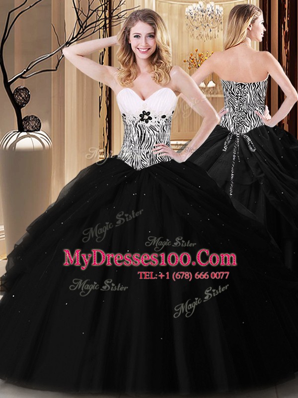 Sleeveless Tulle Floor Length Lace Up Vestidos de Quinceanera in Black with Pick Ups and Pattern