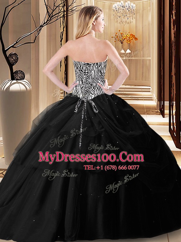 Sleeveless Tulle Floor Length Lace Up Vestidos de Quinceanera in Black with Pick Ups and Pattern