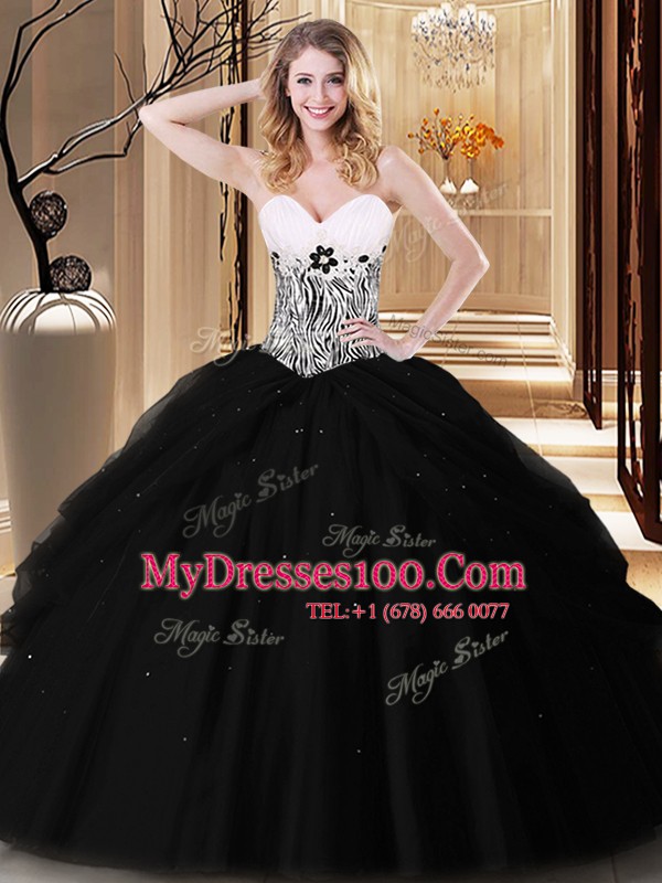 Sleeveless Tulle Floor Length Lace Up Vestidos de Quinceanera in Black with Pick Ups and Pattern