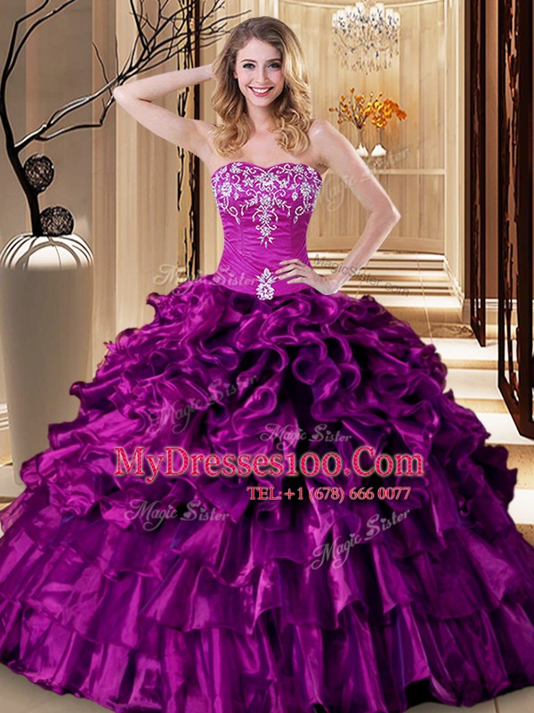 Free and Easy Purple Ball Gowns Embroidery and Ruffles Quinceanera Dress Lace Up Organza Sleeveless Floor Length