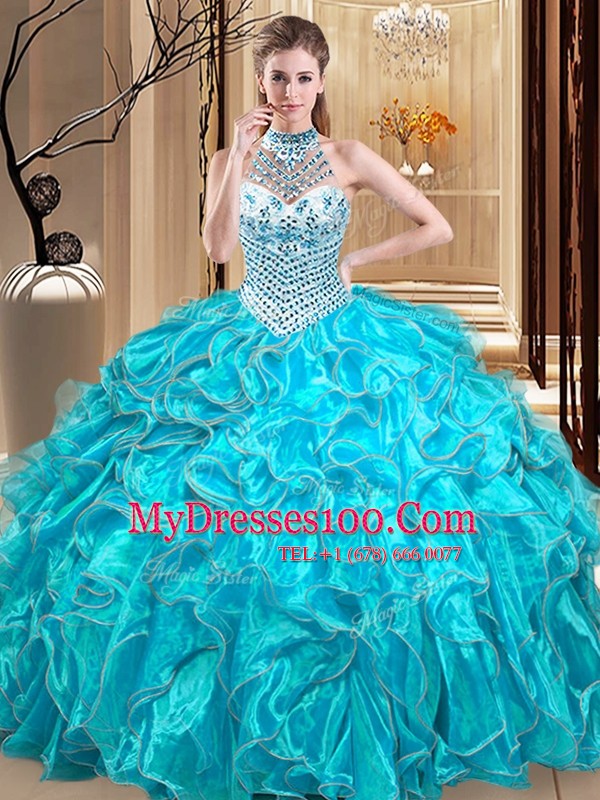 Halter Top Beading and Ruffles Quince Ball Gowns Aqua Blue Lace Up Sleeveless Floor Length