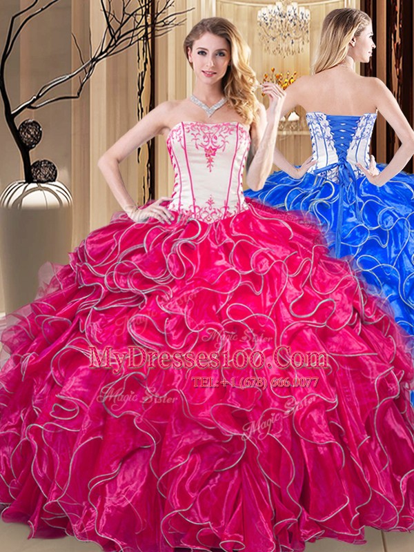 Embroidery and Ruffles Quinceanera Dress Coral Red Lace Up Sleeveless Floor Length