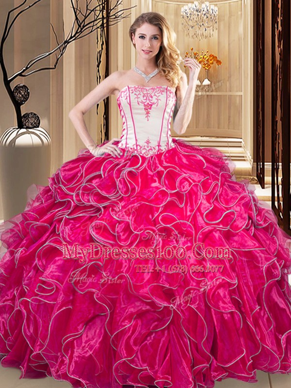 Embroidery and Ruffles Quinceanera Dress Coral Red Lace Up Sleeveless Floor Length