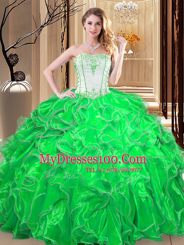 New Style Strapless Sleeveless Organza Sweet 16 Dress Embroidery and Ruffles Lace Up