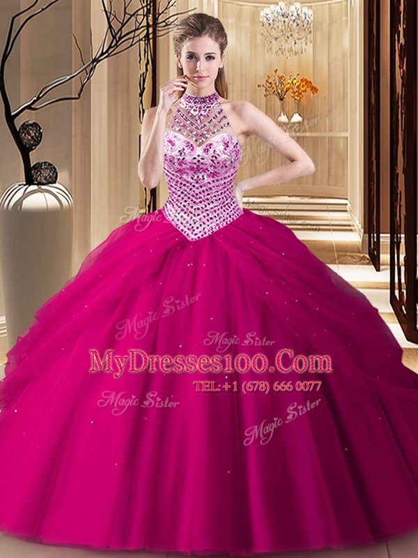 Halter Top Fuchsia Ball Gowns Beading and Pick Ups 15th Birthday Dress Lace Up Tulle Sleeveless With Train