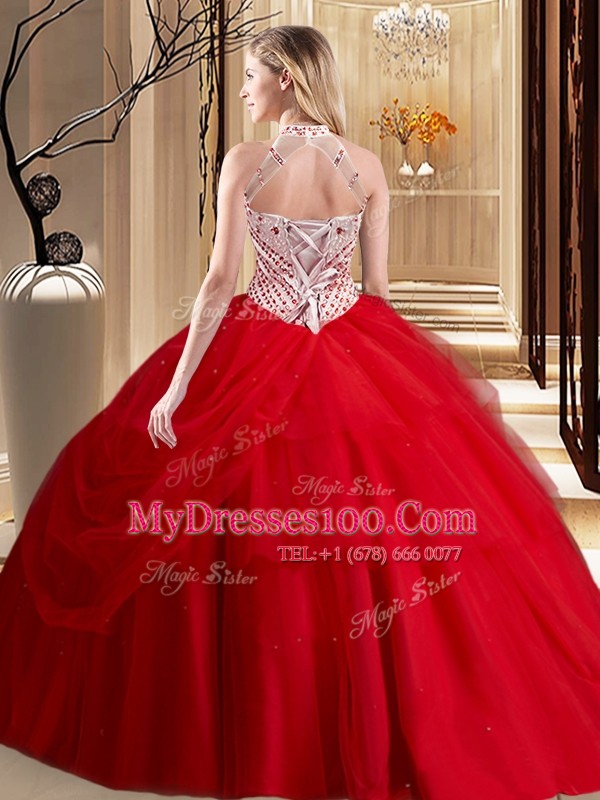 Halter Top Fuchsia Ball Gowns Beading and Pick Ups 15th Birthday Dress Lace Up Tulle Sleeveless With Train