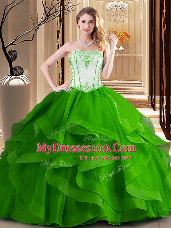 Fashionable Green and Fuchsia Tulle Lace Up Strapless Sleeveless Floor Length 15 Quinceanera Dress Embroidery