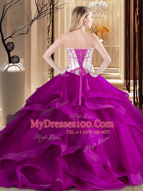 Fashionable Green and Fuchsia Tulle Lace Up Strapless Sleeveless Floor Length 15 Quinceanera Dress Embroidery