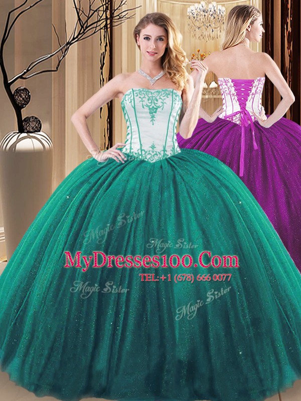 Green Ball Gowns Tulle and Sequined Strapless Sleeveless Embroidery Floor Length Lace Up Sweet 16 Quinceanera Dress