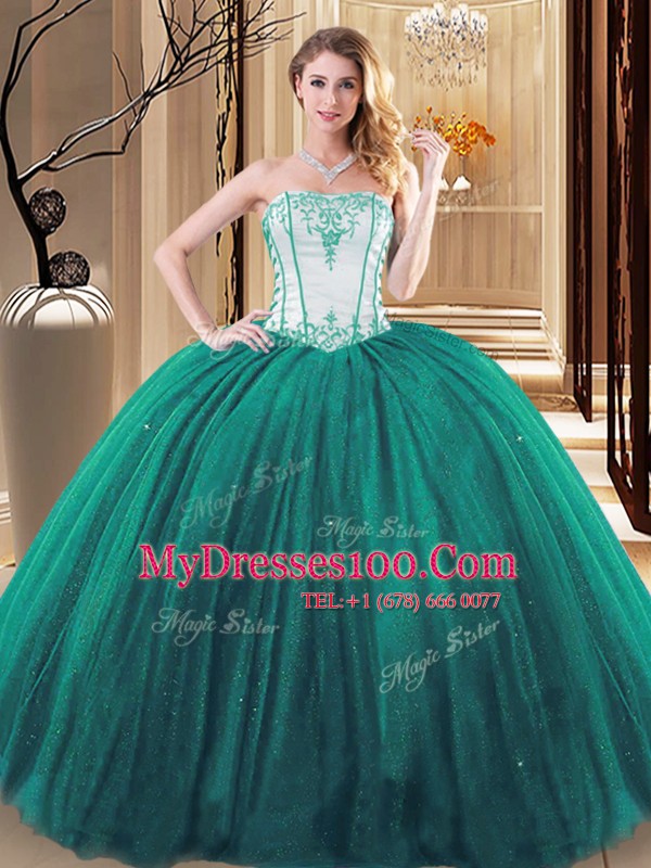 Green Ball Gowns Tulle and Sequined Strapless Sleeveless Embroidery Floor Length Lace Up Sweet 16 Quinceanera Dress