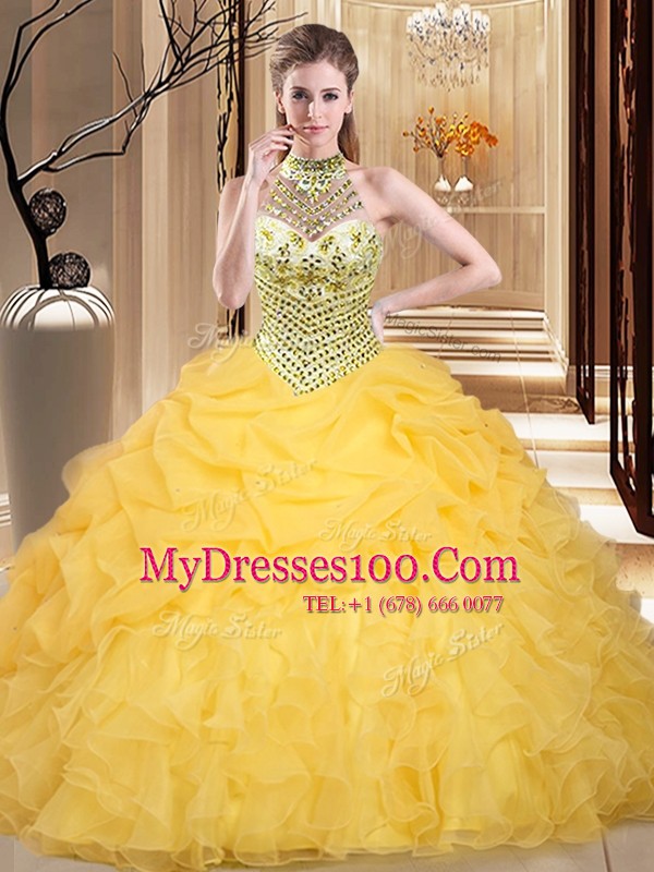 Luxury Yellow Halter Top Neckline Beading and Ruffles and Pick Ups Vestidos de Quinceanera Sleeveless Lace Up