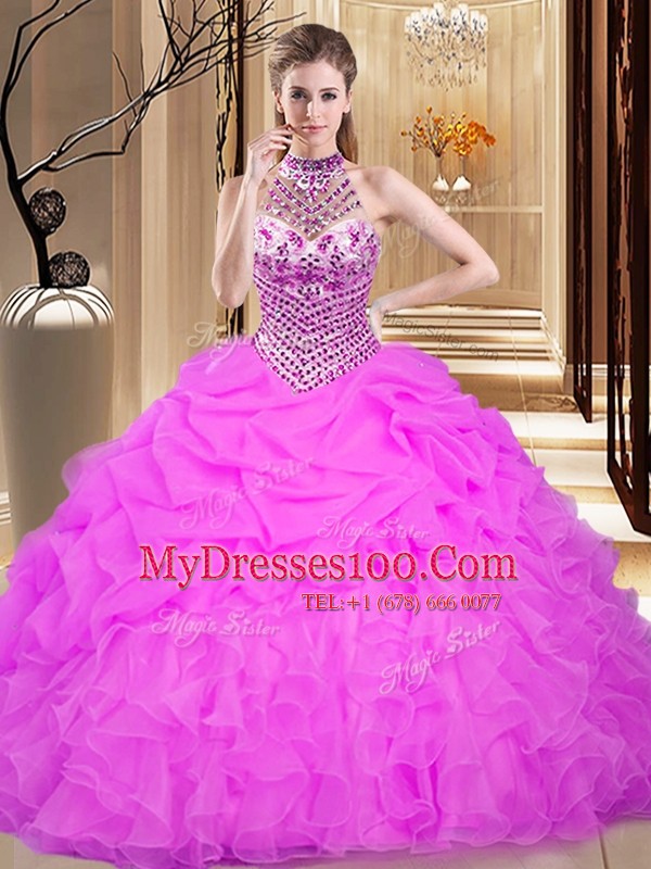 Fashion Halter Top Lilac Organza Lace Up 15th Birthday Dress Sleeveless Floor Length Beading and Ruffles and Pick Ups