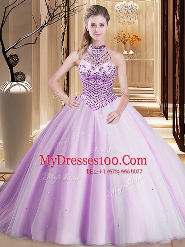 High Quality Lilac Tulle Lace Up Halter Top Sleeveless Asymmetrical Sweet 16 Dress Brush Train Beading