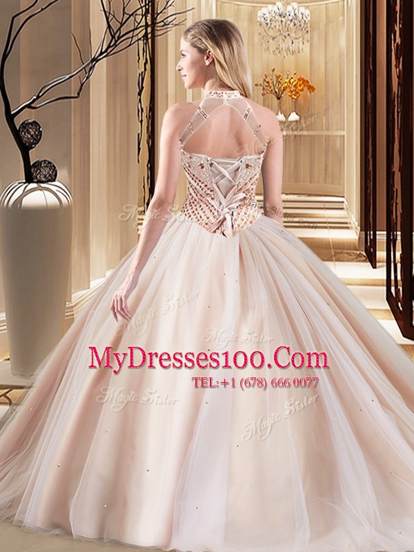 High Quality Lilac Tulle Lace Up Halter Top Sleeveless Asymmetrical Sweet 16 Dress Brush Train Beading