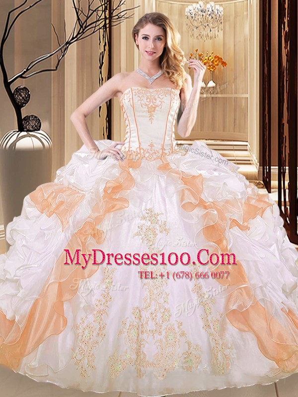 White and Yellow Lace Up Strapless Embroidery and Ruffled Layers Quince Ball Gowns Organza Sleeveless