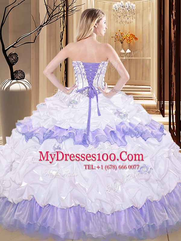 White and Yellow Lace Up Strapless Embroidery and Ruffled Layers Quince Ball Gowns Organza Sleeveless