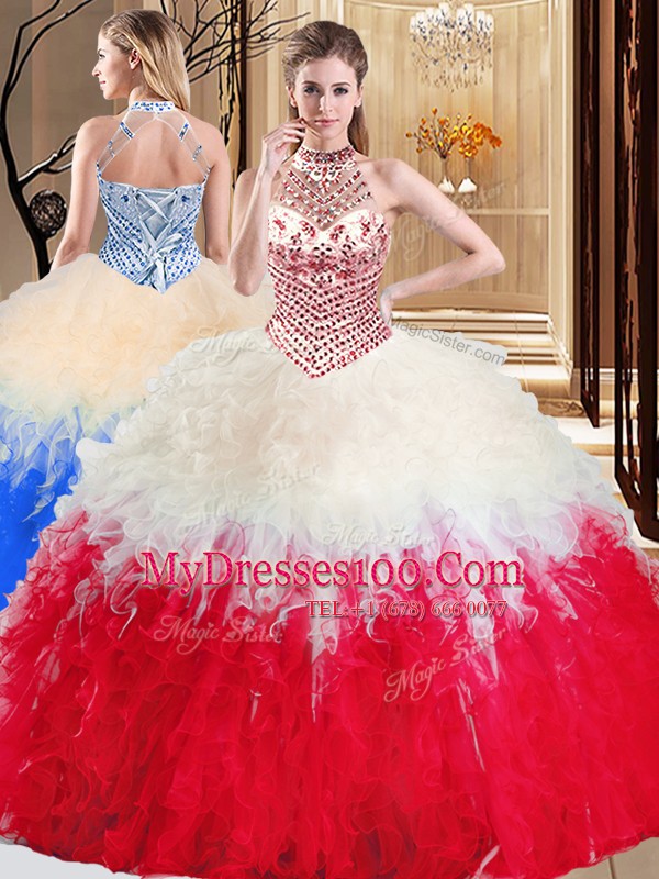 White And Red Halter Top Neckline Beading and Ruffles Ball Gown Prom Dress Sleeveless Lace Up