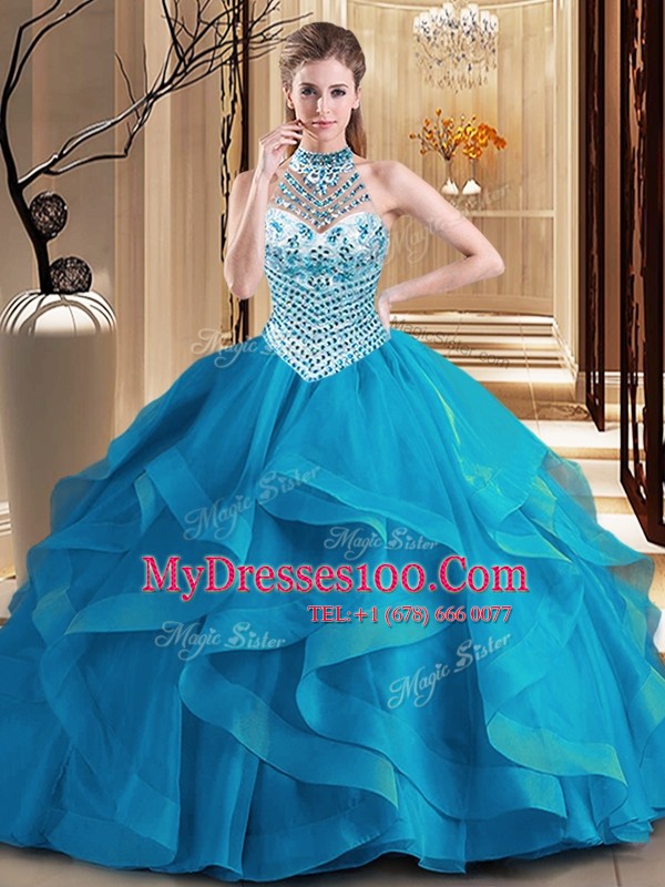 Designer Blue Tulle Lace Up Halter Top Sleeveless With Train Ball Gown Prom Dress Brush Train Beading and Ruffles